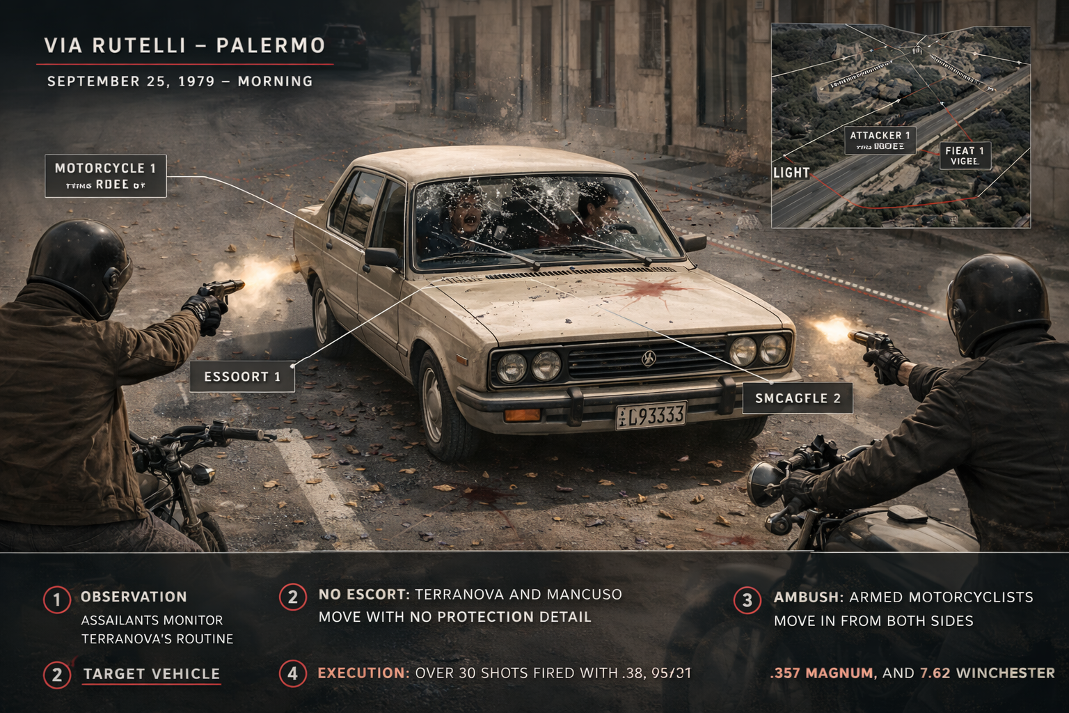 Reconstruction of the assassination of Cesare Terranova in Via Rutelli, Palermo